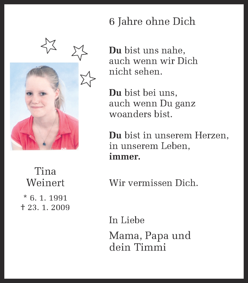  Traueranzeige für Tina Weinert vom 23.01.2015 aus Ruhr Nachrichten