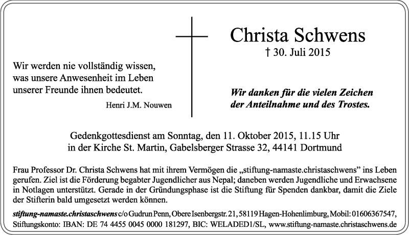  Traueranzeige für Christa Schwens vom 03.10.2015 aus Ruhr Nachrichten
