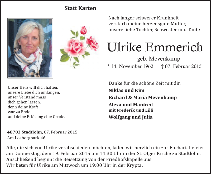  Traueranzeige für Ulrike Emmerich vom 14.02.2015 aus Münstersche Zeitung und Münsterland Zeitung