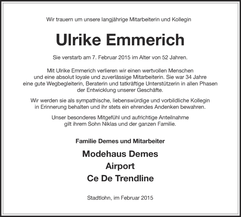 Traueranzeige für Ulrike Emmerich vom 18.02.2015 aus Münstersche Zeitung und Münsterland Zeitung