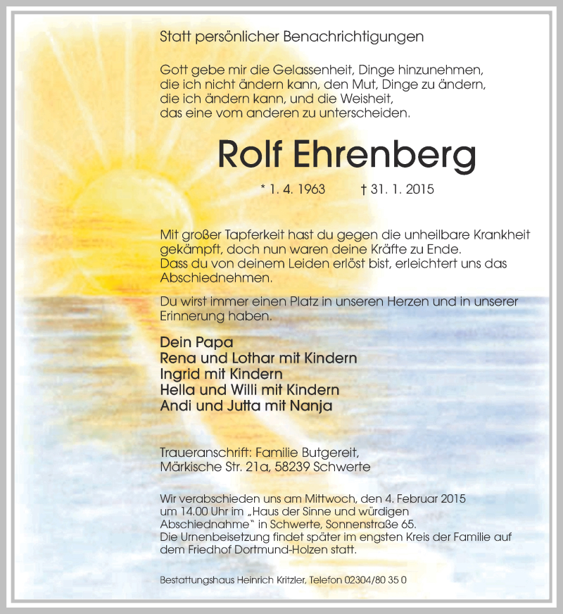  Traueranzeige für Rolf Ehrenberg vom 03.02.2015 aus Ruhr Nachrichten