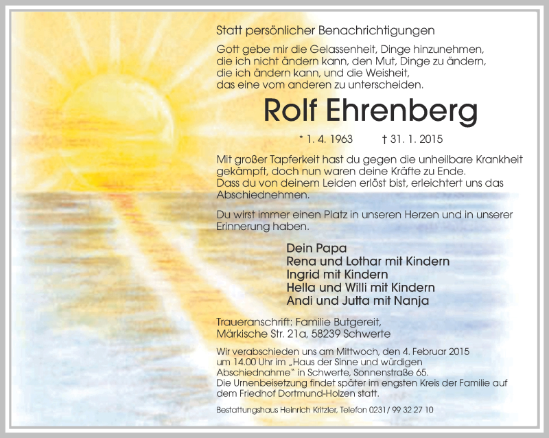  Traueranzeige für Rolf Ehrenberg vom 03.02.2015 aus Ruhr Nachrichten