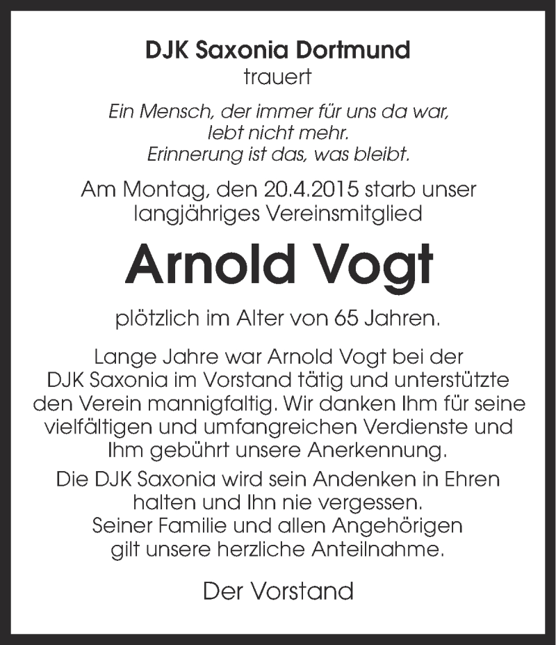  Traueranzeige für Arnold Vogt vom 06.05.2015 aus Ruhr Nachrichten