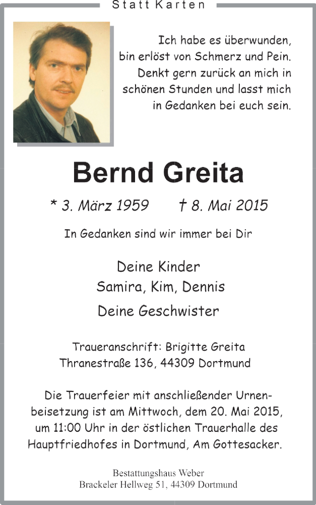  Traueranzeige für Bernd Greita vom 16.05.2015 aus Ruhr Nachrichten