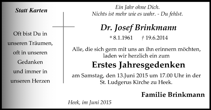  Traueranzeige für Josef Brinkmann vom 11.06.2015 aus Münstersche Zeitung und Münsterland Zeitung