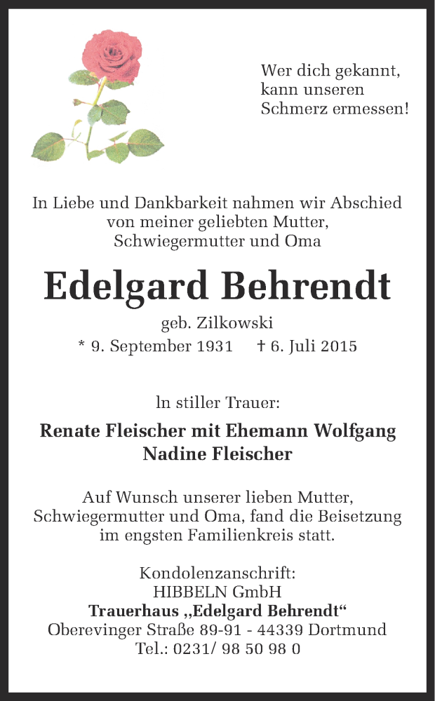  Traueranzeige für Edelgard Behrendt vom 13.07.2015 aus Ruhr Nachrichten