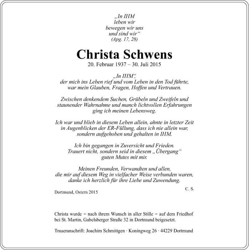  Traueranzeige für Christa Schwens vom 22.08.2015 aus Ruhr Nachrichten