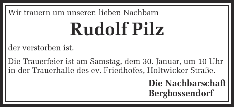  Traueranzeige für Rudolf Pilz vom 28.01.2016 aus Ruhr Nachrichten und Halterner Zeitung
