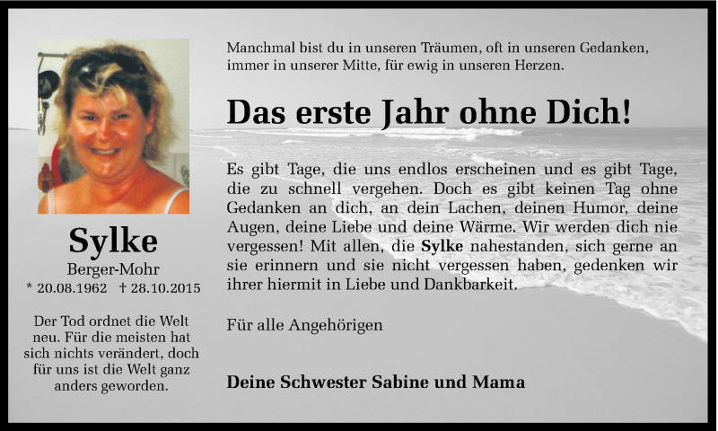  Traueranzeige für Sylke Berger-Mohr vom 28.10.2016 aus Ruhr Nachrichten