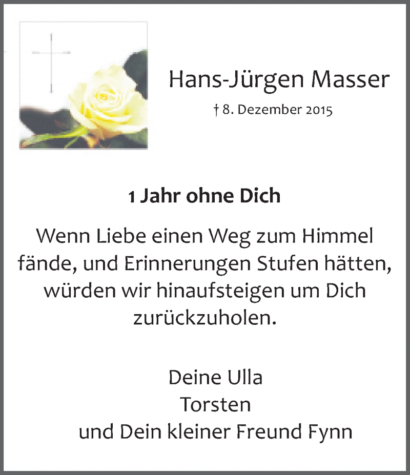  Traueranzeige für Hans-Jürgen Masser vom 08.12.2016 aus Ruhr Nachrichten