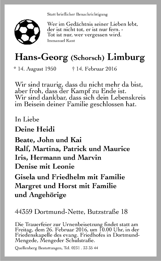  Traueranzeige für Hans-Georg Limburg vom 19.02.2016 aus Ruhr Nachrichten
