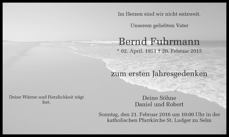  Traueranzeige für Bernd Fuhrmann vom 17.02.2016 aus Ruhr Nachrichten