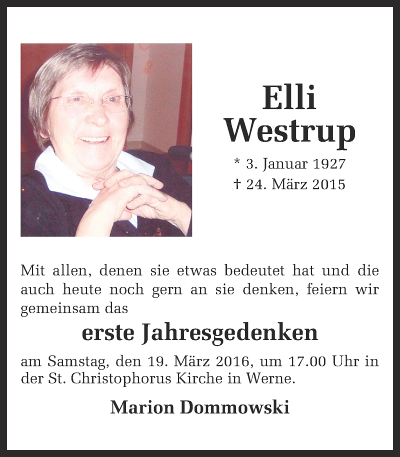  Traueranzeige für Elli Westrup vom 16.03.2016 aus Ruhr Nachrichten