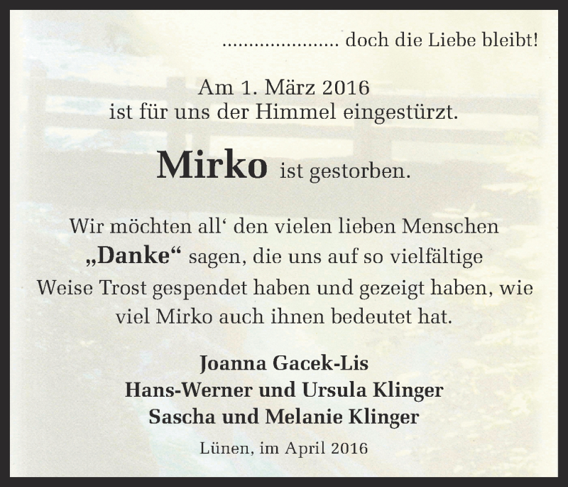  Traueranzeige für Mirko Klinger vom 09.04.2016 aus Ruhr Nachrichten