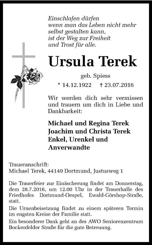  Traueranzeige für Ursula Terek vom 26.07.2016 aus Ruhr Nachrichten