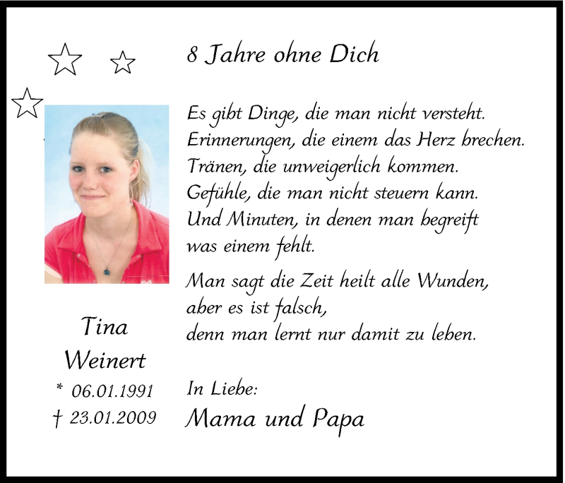  Traueranzeige für Tina Weinert vom 23.01.2017 aus Ruhr Nachrichten