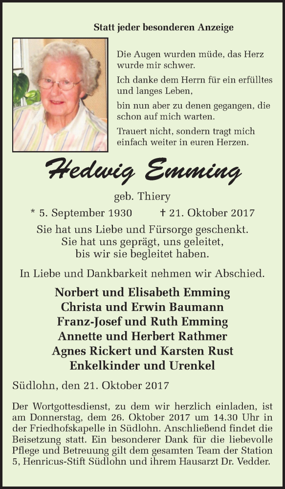  Traueranzeige für Hedwig Emming vom 24.10.2017 aus Münstersche Zeitung und Münsterland Zeitung