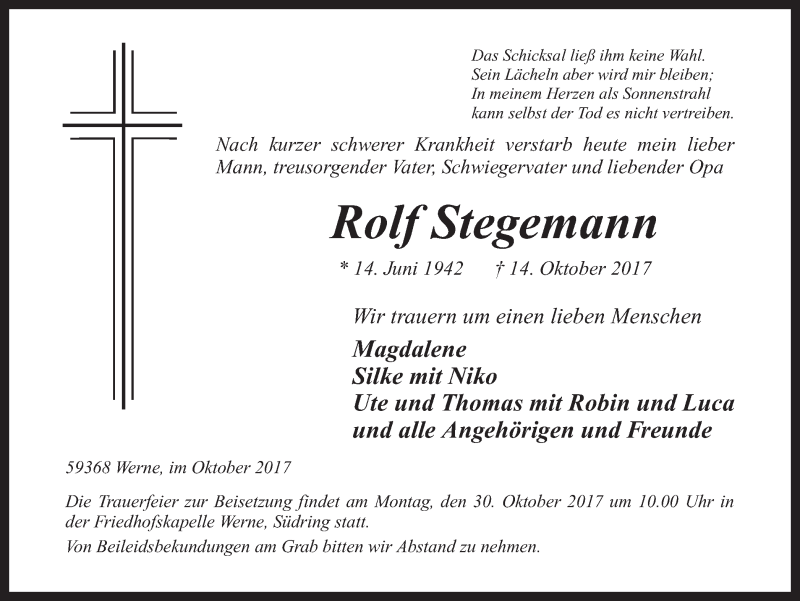  Traueranzeige für Rolf Stegemann vom 21.10.2017 aus Ruhr Nachrichten