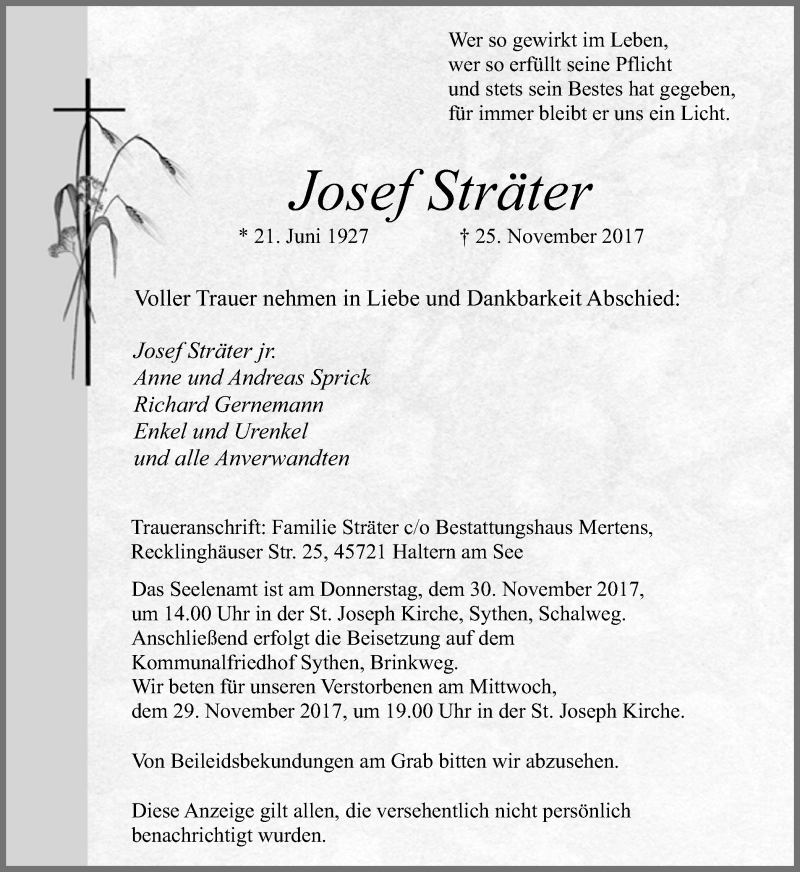  Traueranzeige für Josef Sträter vom 28.11.2017 aus Ruhr Nachrichten und Halterner Zeitung
