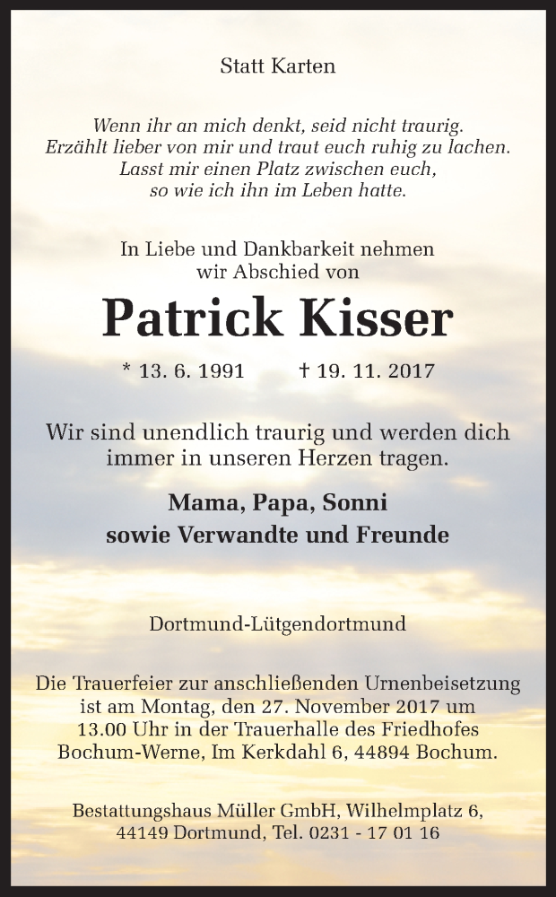  Traueranzeige für Patrick Kisser vom 24.11.2017 aus Ruhr Nachrichten