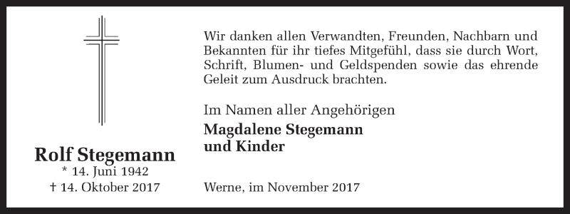  Traueranzeige für Rolf Stegemann vom 18.11.2017 aus Ruhr Nachrichten