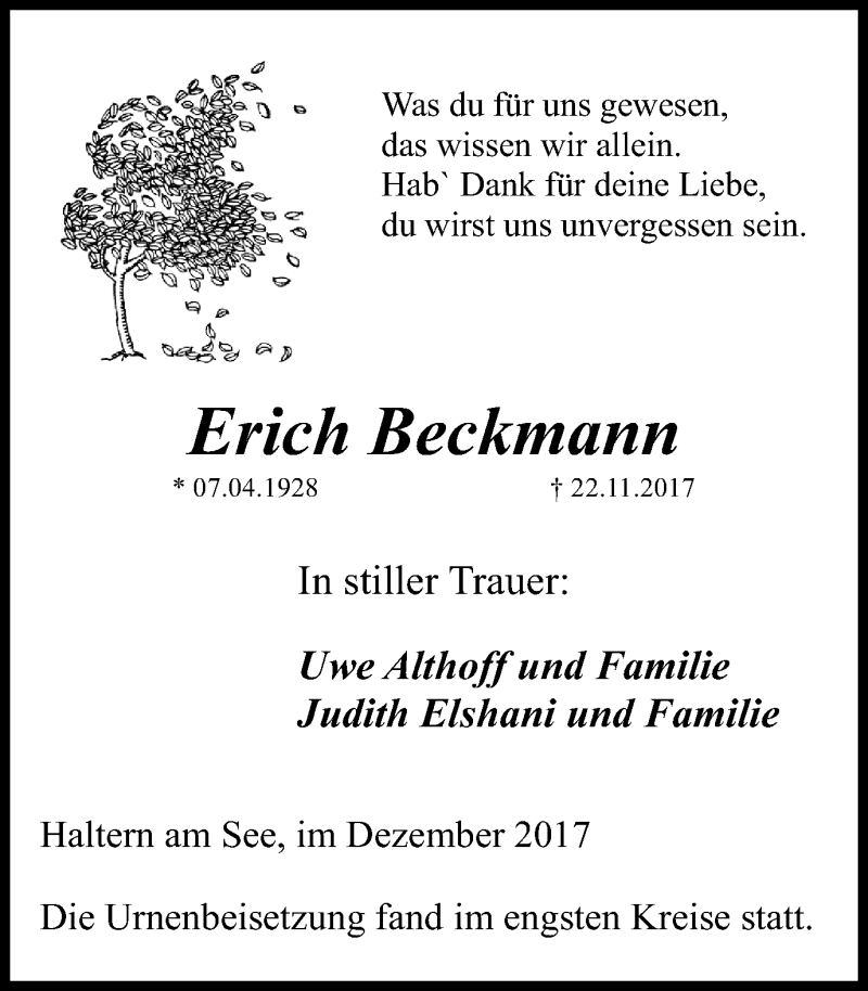  Traueranzeige für Erich Beckmann vom 04.12.2017 aus Ruhr Nachrichten und Halterner Zeitung