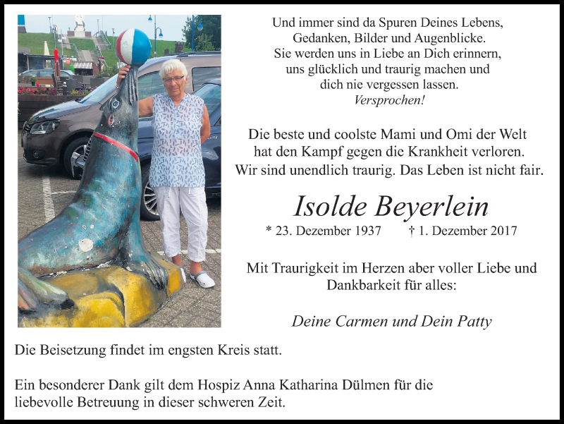  Traueranzeige für Isolde Beyerlein vom 05.12.2017 aus Ruhr Nachrichten und Halterner Zeitung