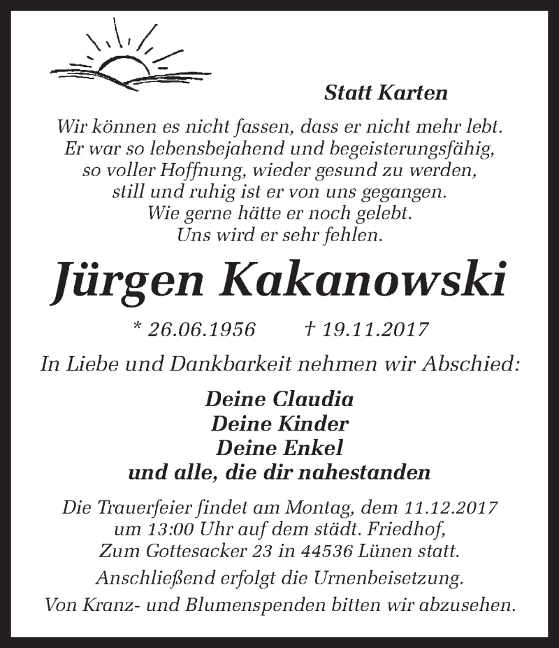  Traueranzeige für Jürgen Kakanowski vom 06.12.2017 aus Ruhr Nachrichten