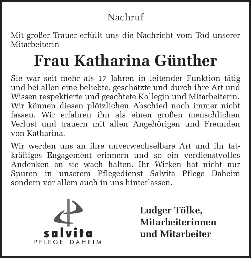  Traueranzeige für Katharina Günther vom 30.12.2017 aus Ruhr Nachrichten