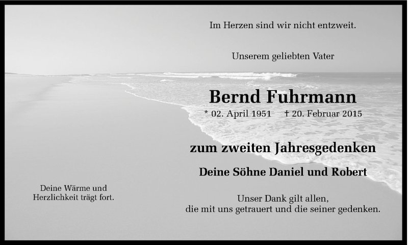  Traueranzeige für Bernd Fuhrmann vom 20.02.2017 aus Ruhr Nachrichten