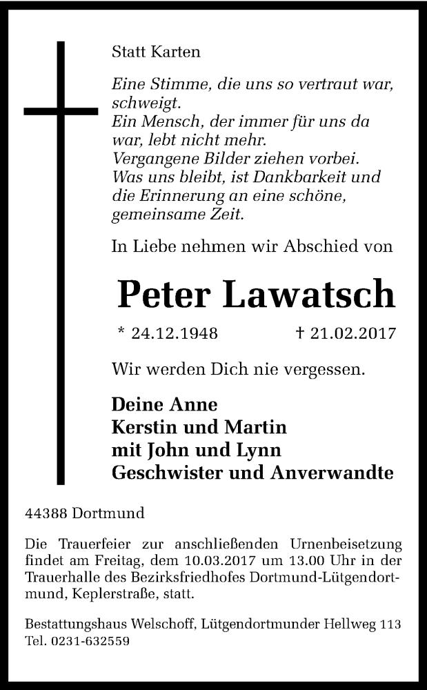  Traueranzeige für Peter Lawatsch vom 04.03.2017 aus Ruhr Nachrichten