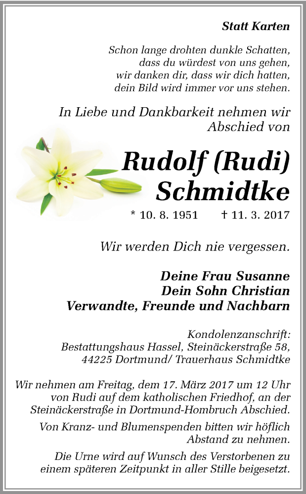  Traueranzeige für Rudolf Rudi Schmidtke vom 15.03.2017 aus Ruhr Nachrichten