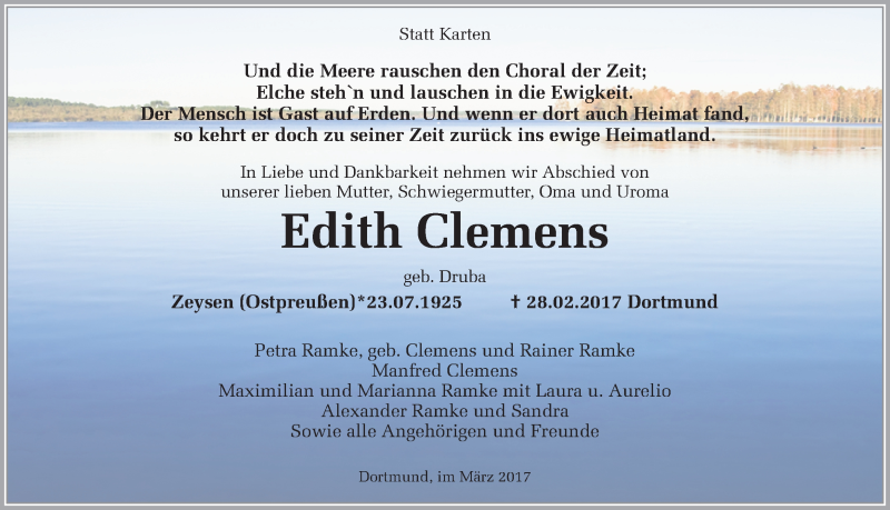  Traueranzeige für Edith Clemens vom 04.03.2017 aus 
