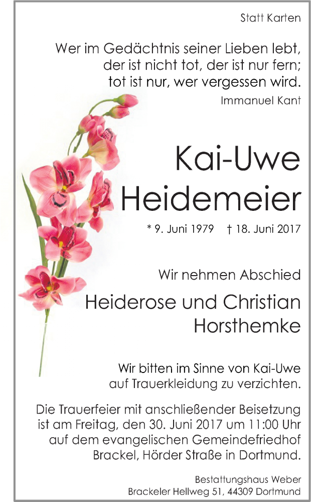  Traueranzeige für Kai-Uwe Heidemeier vom 24.06.2017 aus Ruhr Nachrichten