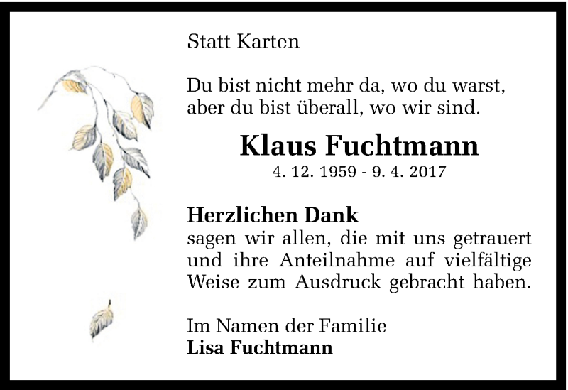  Traueranzeige für Klaus Fuchtmann vom 03.06.2017 aus Münstersche Zeitung und Münsterland Zeitung