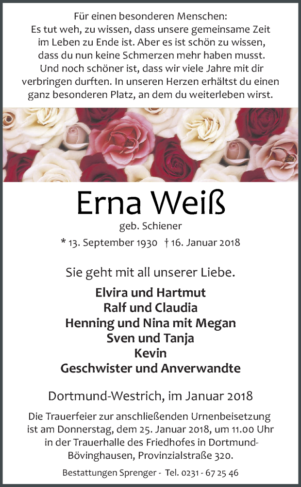 Traueranzeige für Erna Weiß vom 20.01.2018 aus Ruhr Nachrichten