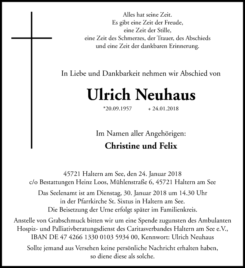  Traueranzeige für Ulrich Neuhaus vom 26.01.2018 aus Ruhr Nachrichten und Halterner Zeitung
