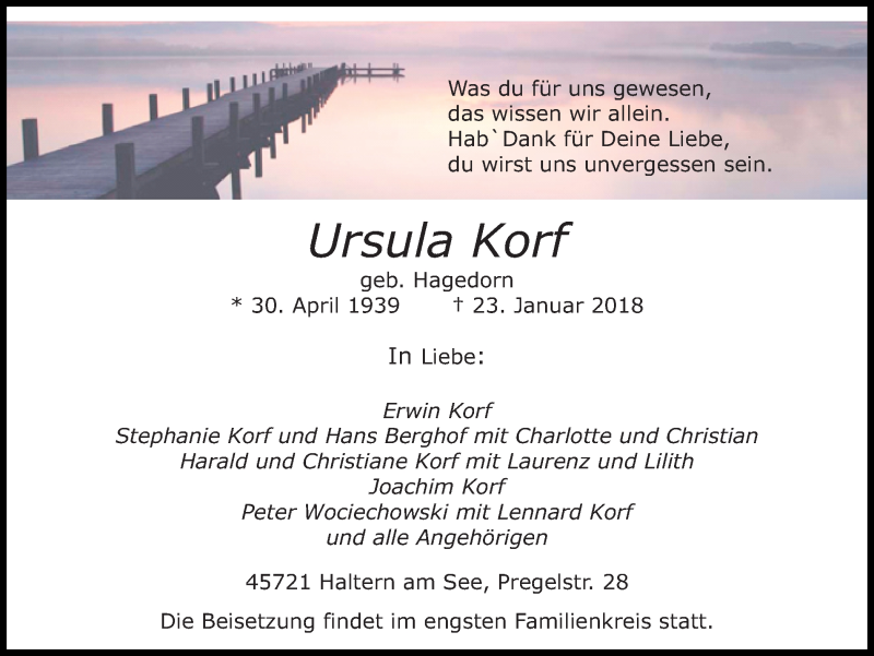  Traueranzeige für Ursula Korf vom 30.01.2018 aus Ruhr Nachrichten und Halterner Zeitung