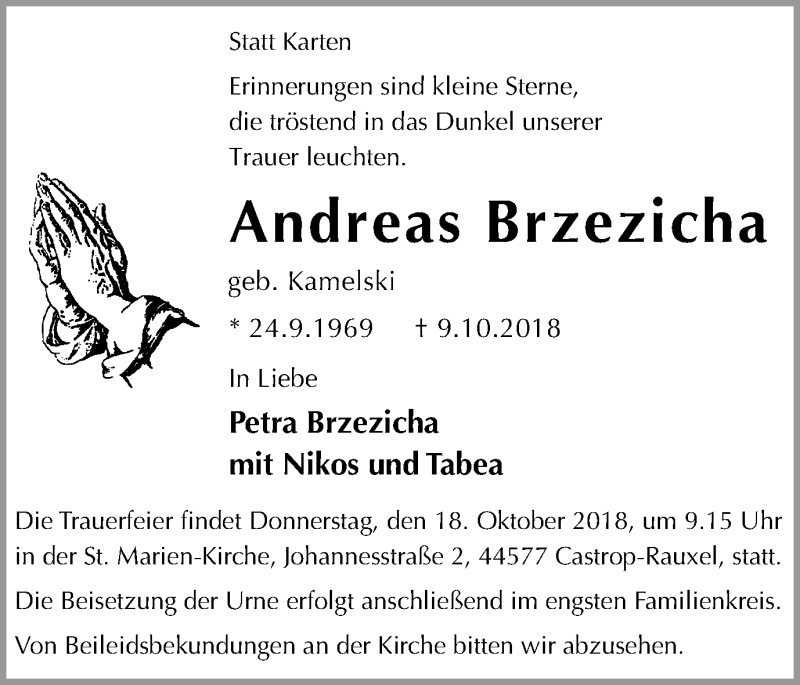  Traueranzeige für Andreas Brzezicha vom 16.10.2018 aus Ruhr Nachrichten