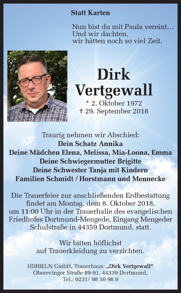 Traueranzeige für Dirk Vertgewall vom 03.10.2018 aus Ruhr Nachrichten