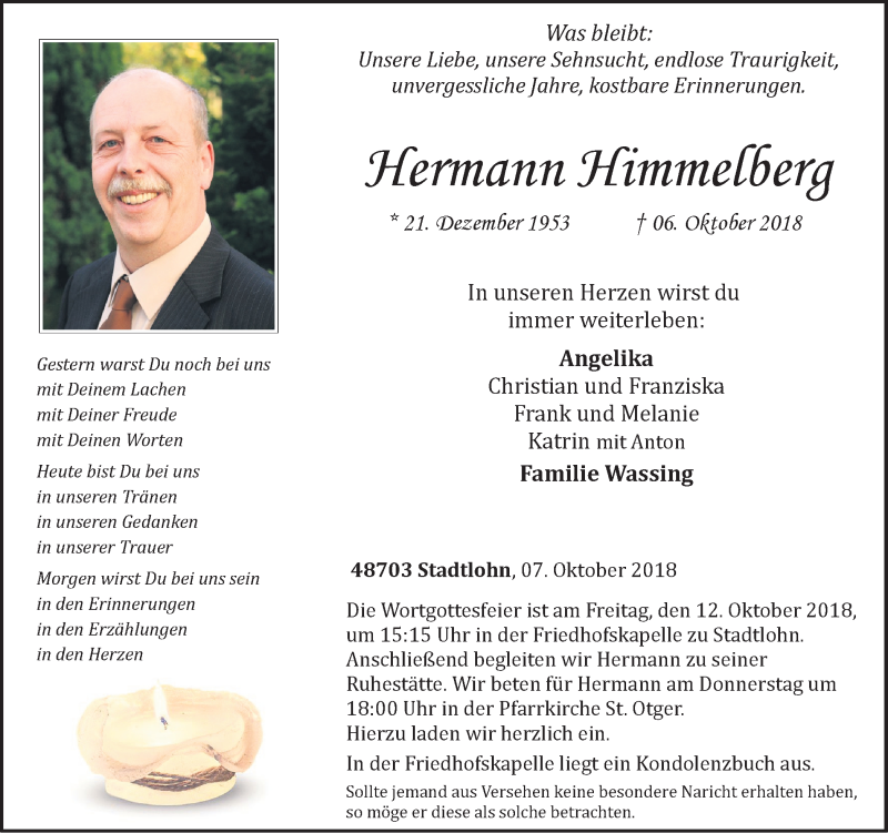 Traueranzeige für Hermann Himmelberg vom 10.10.2018 aus Münstersche Zeitung und Münsterland Zeitung