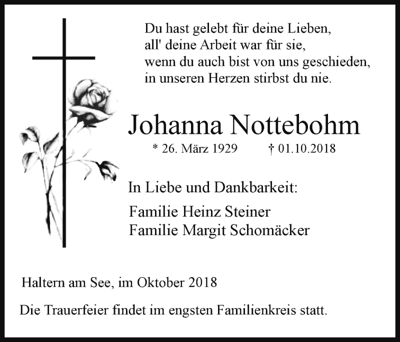  Traueranzeige für Johanna Nottebohm vom 06.10.2018 aus Ruhr Nachrichten und Halterner Zeitung