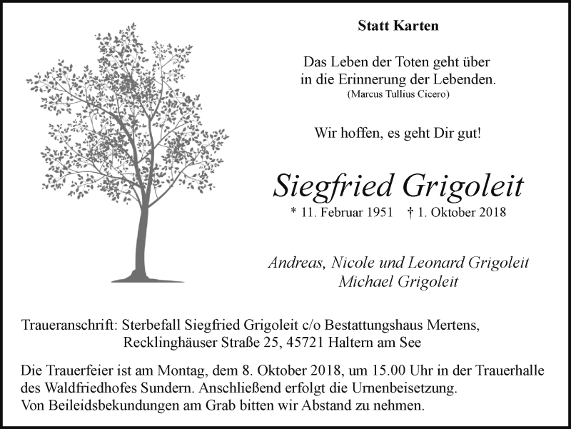  Traueranzeige für Siegfried Grigoleit vom 03.10.2018 aus Ruhr Nachrichten und Halterner Zeitung