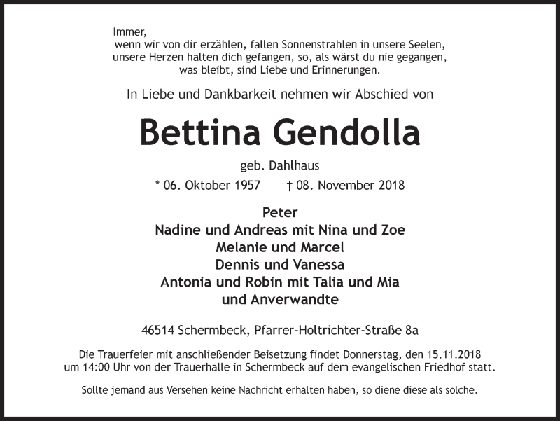  Traueranzeige für Bettina Gendolla vom 13.11.2018 aus Ruhr Nachrichten und Dorstener Zeitung