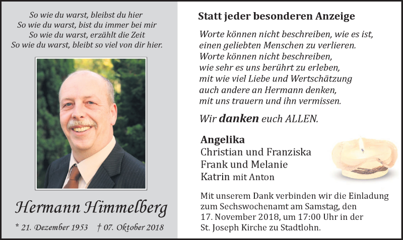  Traueranzeige für Hermann Himmelberg vom 14.11.2018 aus Münstersche Zeitung und Münsterland Zeitung