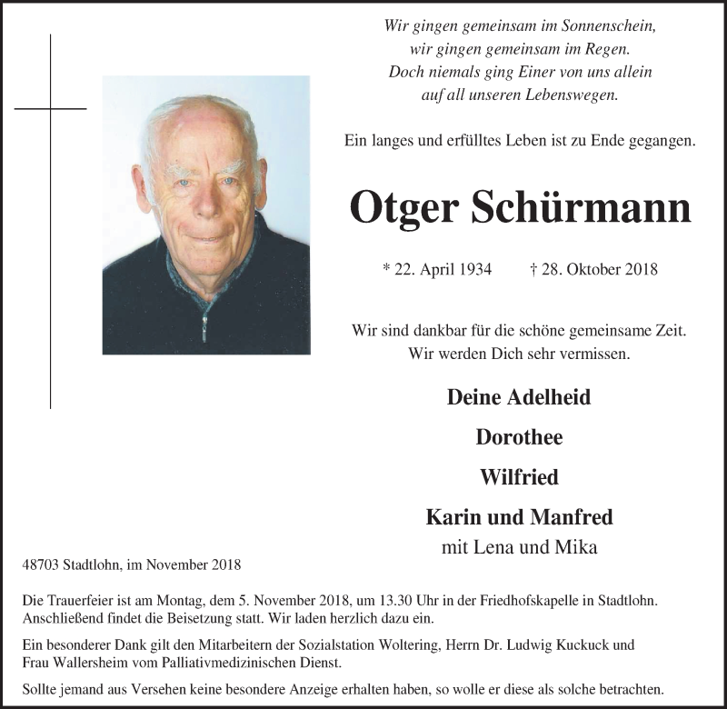  Traueranzeige für Otger Schürmann vom 01.11.2018 aus Münstersche Zeitung und Münsterland Zeitung