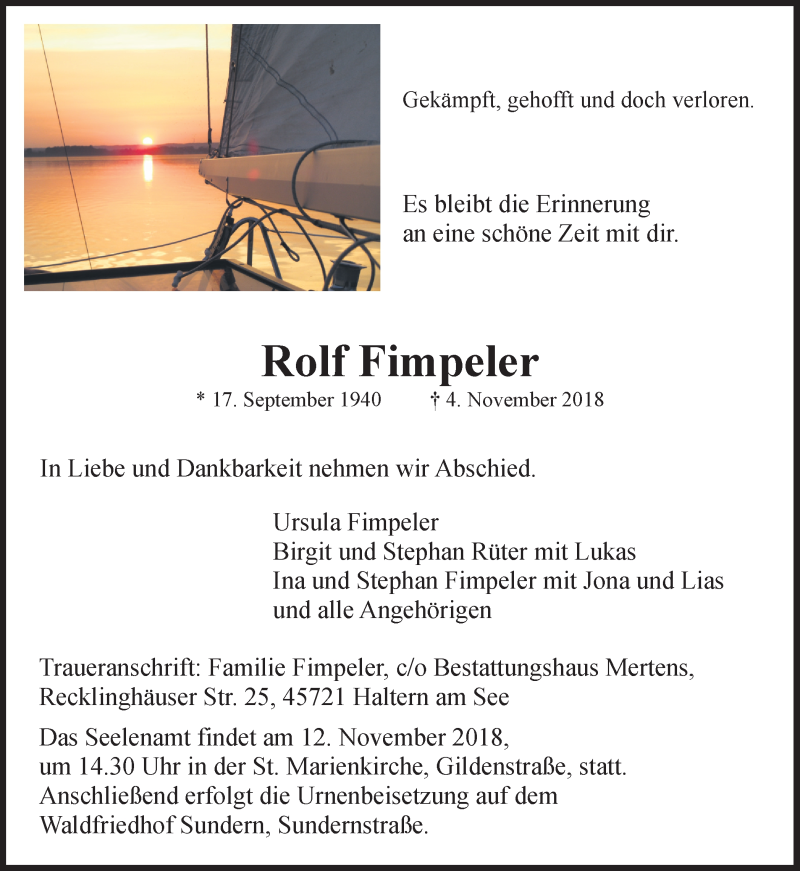  Traueranzeige für Rolf Fimpeler vom 09.11.2018 aus Ruhr Nachrichten und Halterner Zeitung