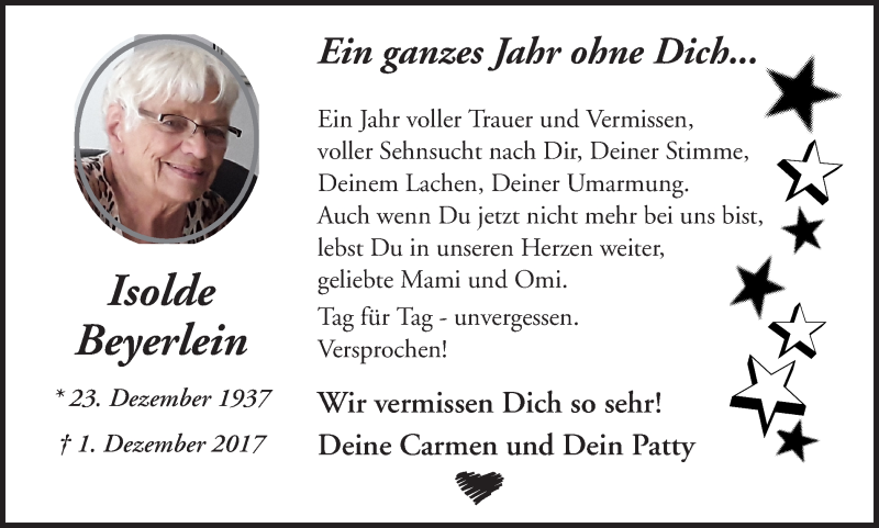  Traueranzeige für Isolde Beyerlein vom 01.12.2018 aus Ruhr Nachrichten und Halterner Zeitung