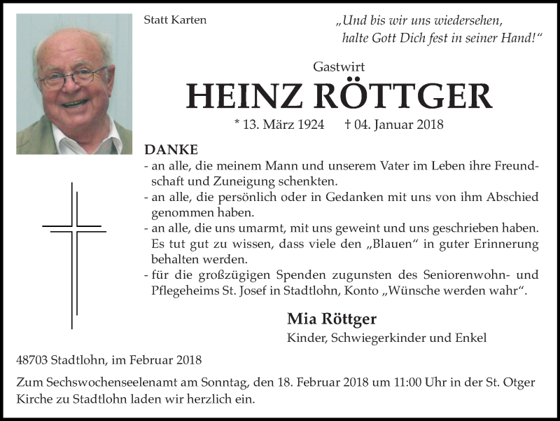  Traueranzeige für Heinz Röttger vom 14.02.2018 aus Münstersche Zeitung und Münsterland Zeitung