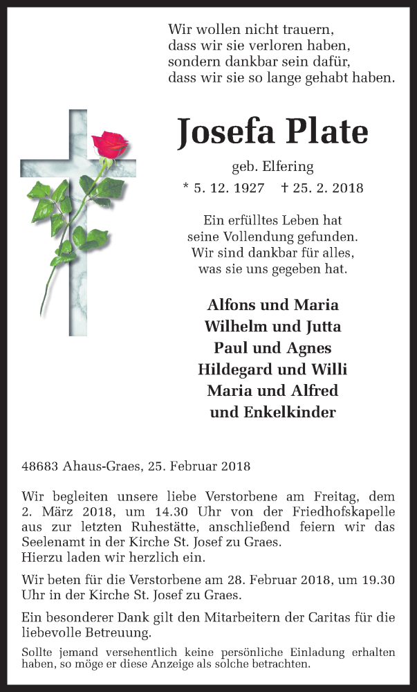  Traueranzeige für Josefa Plate vom 27.02.2018 aus Münstersche Zeitung und Münsterland Zeitung